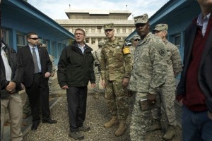 Secretary of Defense Carter visits U.S. military personnel in South Korea.