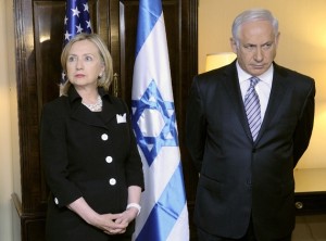 Hillary Clinton and Israeli Prime Minister Benjamin Netanyahu. Clinton is accused of leaking secret Israeli war plans to news reporters.