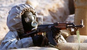 ISIS fighter wearing protective gear during an alleged chemical weapons simulation.