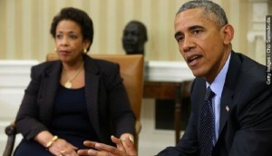 Attorney General Loretta Lynch with Obama. The Supreme Court has given her permission to NOT prosecute government bribe-takers including Hillary Clinton.