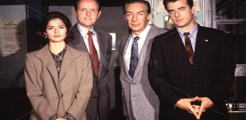 Cast of Law & Order: (Left to right) Jill Hennesy, Michael Moriarty, Jerry Orbach, and Chris Noth.