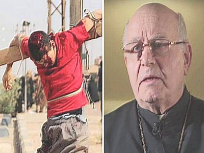 Left: Syrian Catholic executed on a cross. Right: Archbishop Jean-Clement Jeanbart Allepo's church leader.