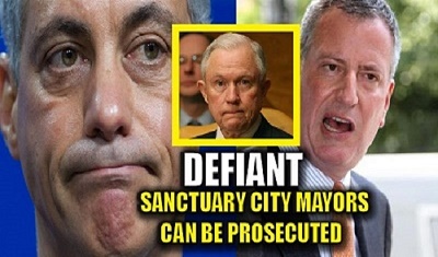 Photograph: (Left-to-right) Chicago Mayor Rahm Emanuel, Attorney General Jeff Sessions, New York Mayor Bill de Blasio.