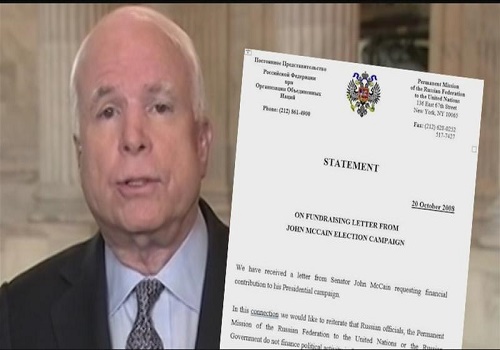 Sen. McCain shown with letter allegedly sent by his campaign asking the Russians for a contribution in his race against Obama in 2008.